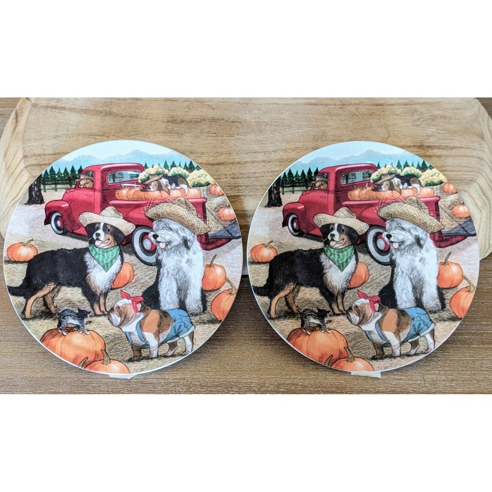 Pier One 1 Imports Ironstone Harvest Fall 9" Salad Plate Puppies Pumpkin Dog Set